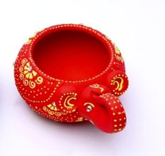 Handicraft Washable Terracotta Modern Elephant Diya Tealight T-Light Holder - Red